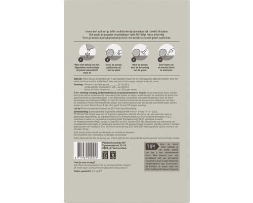 Instructies en informatie over het product Pokon Buxus en Ilex meststof