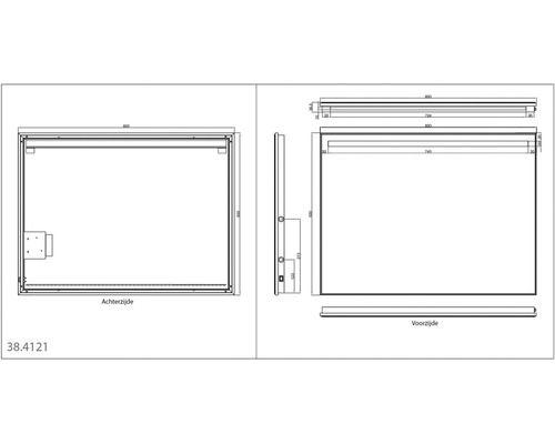 Technische tekening van een spiegel met de afmetingen 800x800 mm