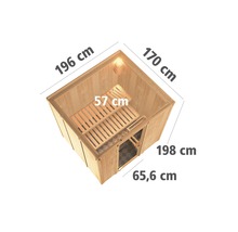 Bovenaanzicht van een sauna met afmetingen van 196 cm bij 170 cm bij 198 cm bij 65,6 cm en een bank van 57 cm