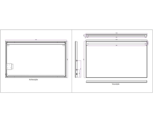 Technische tekening van een spiegel met afmetingen