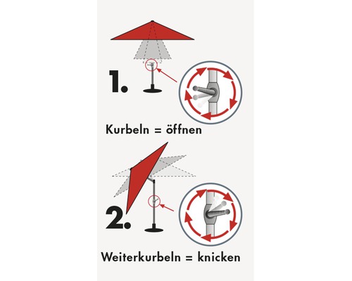 Instructies voor het openen en kantelen van een parasol door te draaien