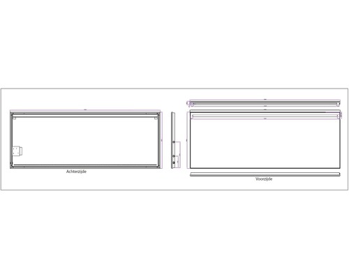Technische tekening van een spiegel met afmetingen voor montage