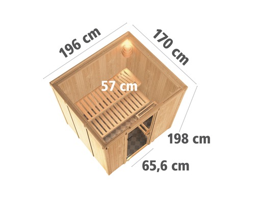 Sauna met afmetingen: 196 cm, 170 cm, 198 cm, 65,6 cm en 57 cm.