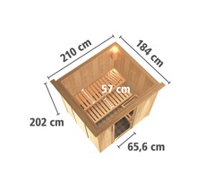 Sauna met de afmetingen 210 cm, 184 cm, 202 cm en 65,6 cm met een ligvlak van 57 cm