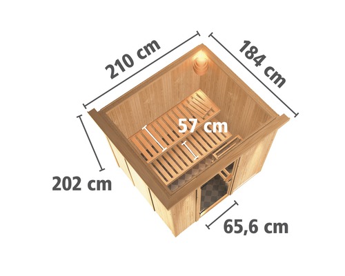 Sauna met de afmetingen 210 cm, 184 cm, 202 cm en 65,6 cm met een ligvlak van 57 cm