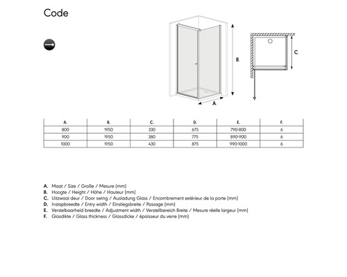 Technische tekening van een douchecabine met afmetingen