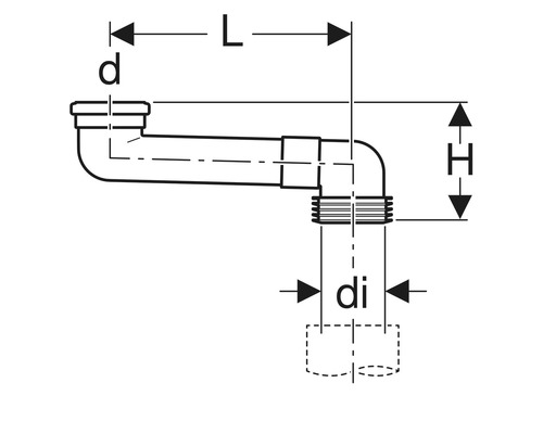Technische tekening van een sifon met afmetingen