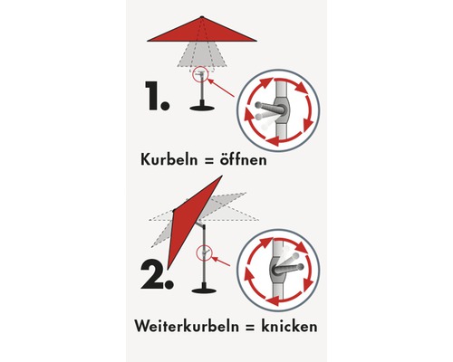 Instructie voor het openen en kantelen van een parasol met behulp van een slinger mechanisme