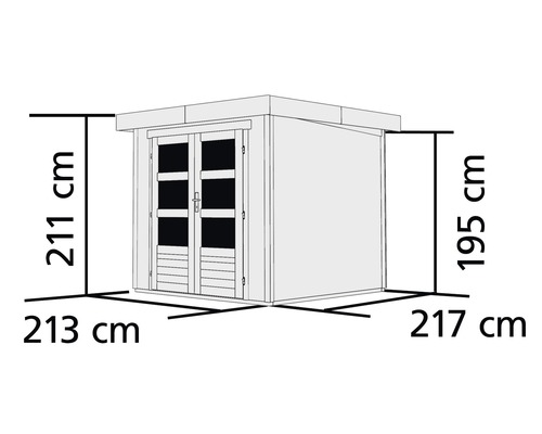 Afmetingen van een tuinhuis: hoogte 211 cm, breedte 213 cm, diepte 217 cm