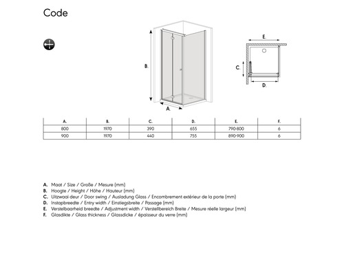 Technische tekening van een douchecabine met afmetingen.