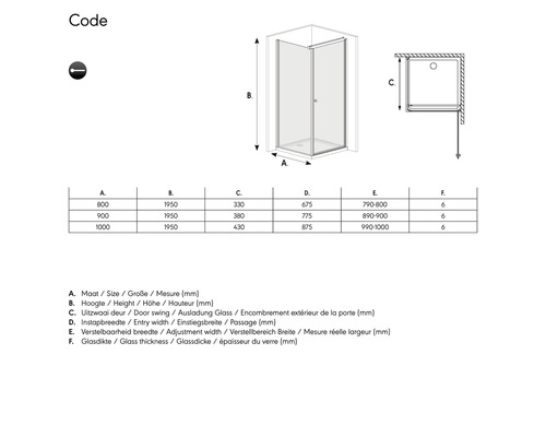 Technische tekening van een douchecabine met maatvoering