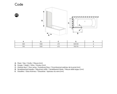 Technische tekening van een bad met douchewand en afmetingen