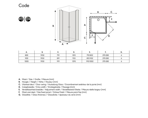Technische tekening van een douchecabine met afmetingen en uitleg