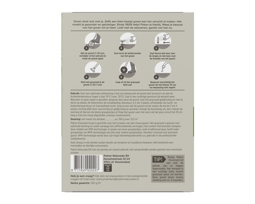 Instructies voor het zaaien van gras op de verpakking van Pokon graszaad