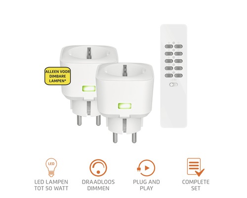 Twee draadloze stopcontacten met afstandsbediening voor dimbare lampen