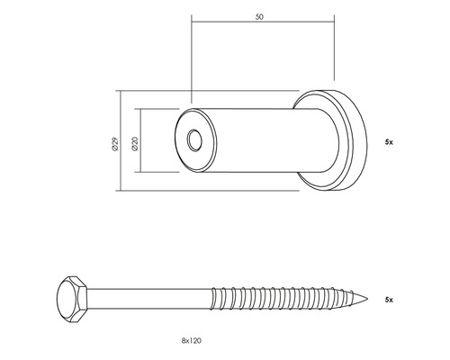 Technische tekening van een deurbuffer met schroef en afmetingen