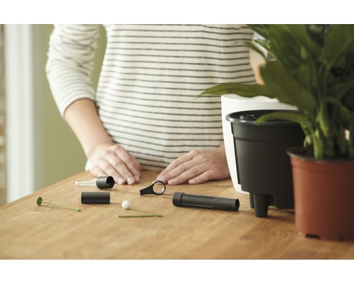 Vrouw bereidt een bewateringssysteem voor planten voor