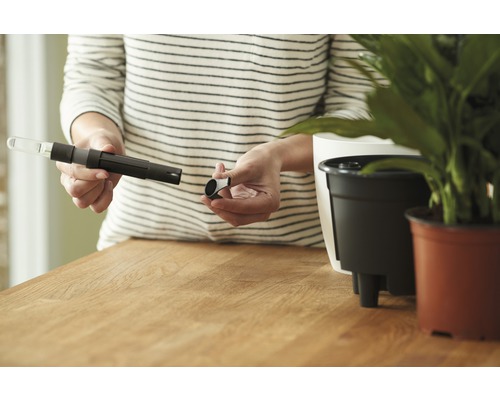 Vrouw houdt een vochtmeter voor planten vast, naast bloempotten.