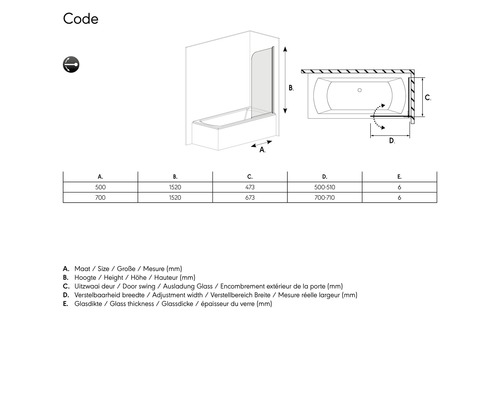 Technische tekening van een bad met douchewand en maatvoering.
