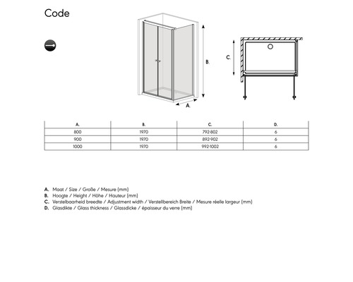 Technische tekening van een douchecabine met afmetingen