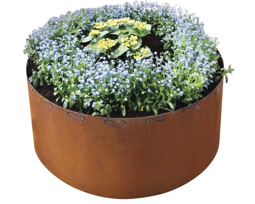 Bloembed met stalen rand en bloeiende planten