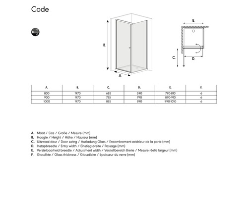 Technische tekening van een douchecabine met maataanduidingen