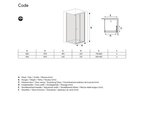 Technische tekening van een douchecabine met maataanduidingen