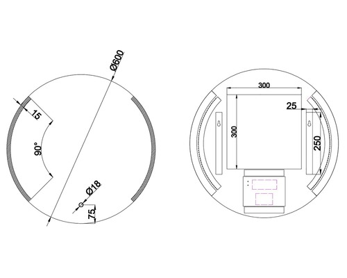 Technische tekening met afmetingen van een rond object