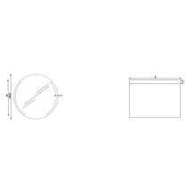 Technische tekening van een ronde spiegel met afmetingen van 600 mm diameter en 90 mm diepte, en een rechthoekige doos met afmetingen B en C.