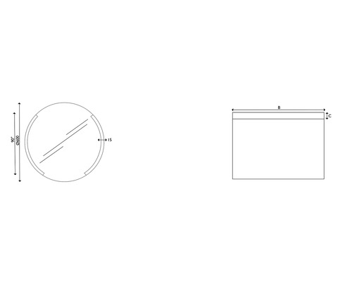 Technische tekening van een ronde spiegel met afmetingen van 600 mm diameter en 90 mm diepte, en een rechthoekige doos met afmetingen B en C.