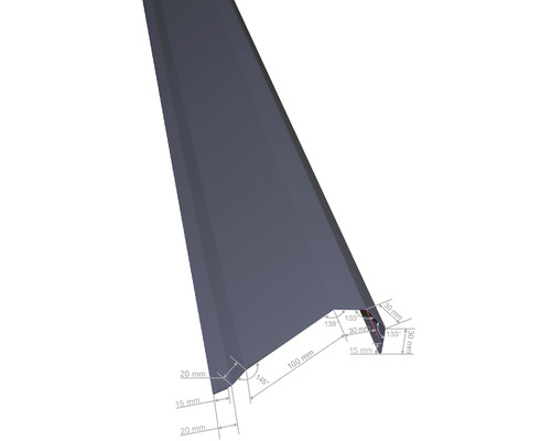 Illustratie van een dakgoot hoekstuk met afmetingen