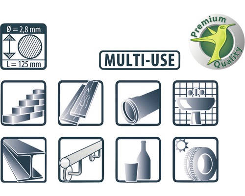 Symbolen voor diameter 2,8 mm, lengte 125 mm, multifunctioneel gebruik, premium kwaliteit, metselwerk, hout, buis, wastafel, stalen balk, reling, fles en glas, band.