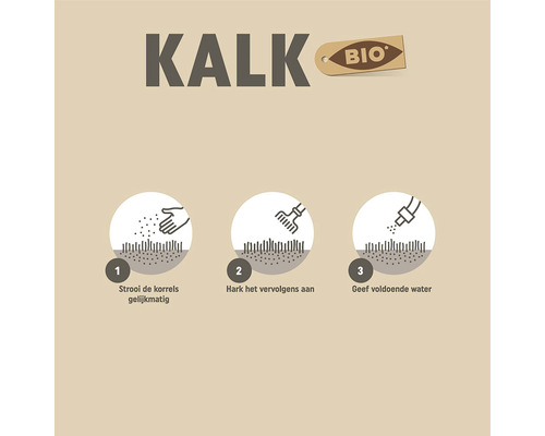Instructie voor het aanbrengen van kalk: strooi, hark en geef voldoende water.