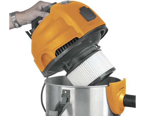 Een nat- en droogzuiger met ingezet filter.