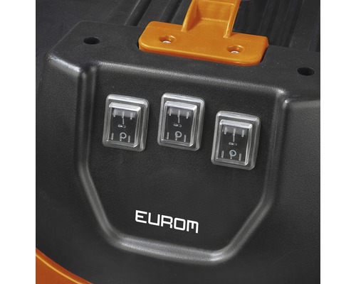 Detailweergave van de schakelaars en het Eurom logo op een stofzuiger