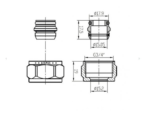 Technische tekening van een fitting met afmetingen