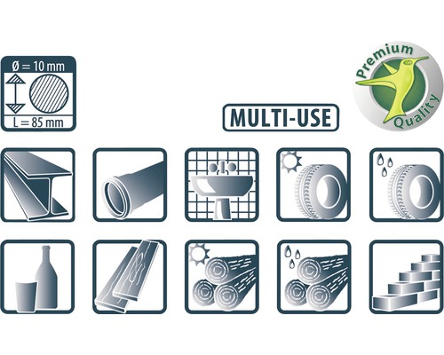 Multi-Use toepassingsgebieden met diameter, lengte, stalen balk, pijp, wastafel, band, fles, hout, boomstammen en metselwerk