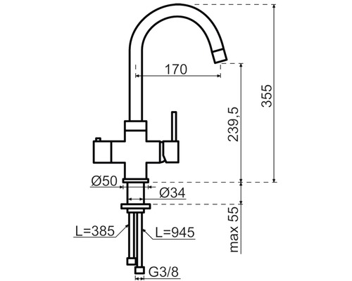 Technische tekening van een keukenkraan met afmetingen