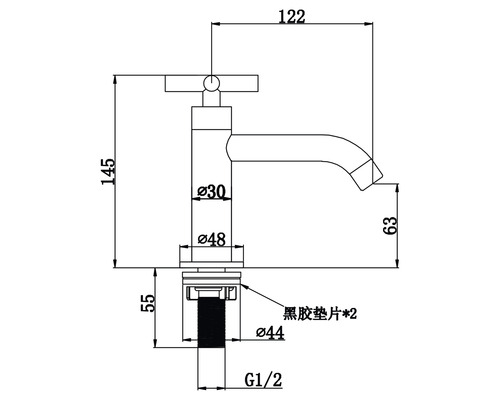 Technische tekening van een wastafelkraan met maataanduidingen