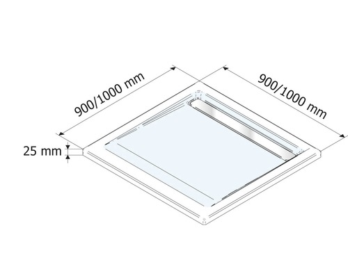 Tekening van een douchebak met de afmetingen 900/1000 millimeter maal 900/1000 millimeter en een hoogte van 25 millimeter