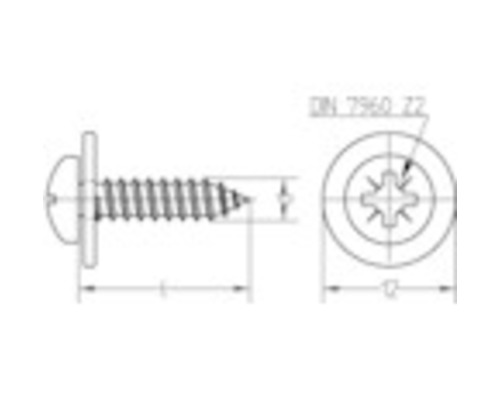Technische tekening van een plaatwerkschroef met bolkop