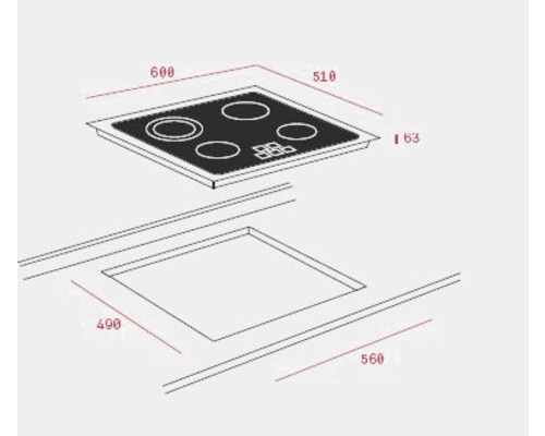 Maatschets van een kookplaat met vier kookzones en bijbehorende inbouwmaten