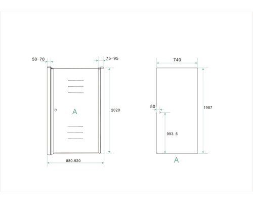 Technische tekening van een deur met afmetingen