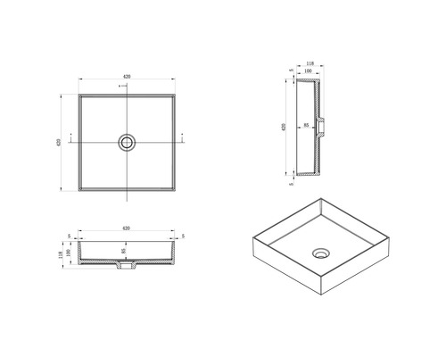 Technische tekening van een douchebak met maatvoering