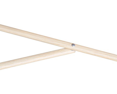 Twee kruisende houten stangen, verbonden met een metalen pin