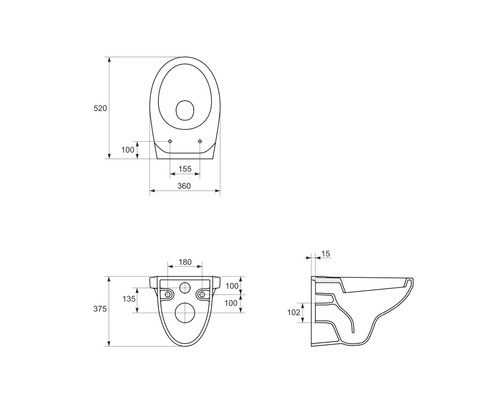 Technische tekening van een hangtoilet met maatvoering