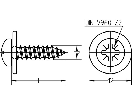 Technische tekening van een plaatwerkschroef met lenskop volgens DIN 7960