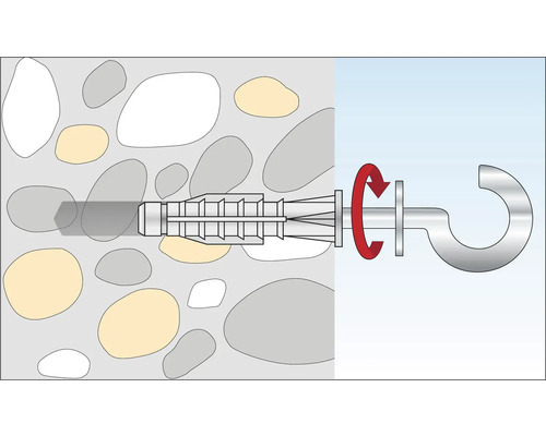 Illustratie van een plug met haakschroef in een muur