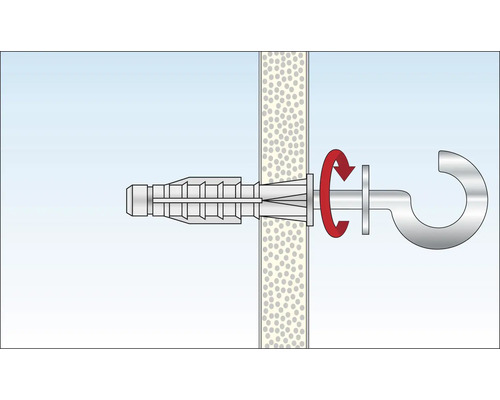 Illustratie van een hollewandplugbevestiging met haakschroef en rode pijl die de draaibeweging voorstelt