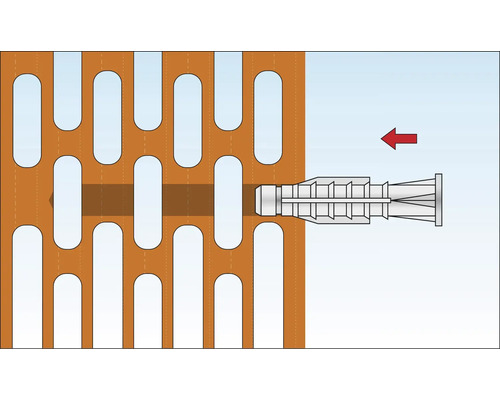 Illustratie van een plugbevestiging in een geperforeerde steen